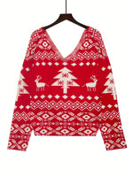 Sexy V-Neck Christmas Sweater Women's Double-Sided Asymmetrical Wool Top Sexy Backless Pullover Tree Print Sweater Tops T-Shirt