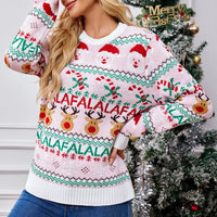 Xmas Look 2025 New Winter Pink Print Cute Soft Christmas Knitwear Long Sleeve O Neck Casual Loose Jumpers Jacquard Pullover Tops