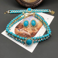 French Retro Elegant Inlaid Turquoise Geometric Necklace Bracelet Earring Set Fashionable High-End Women'S Jewelry