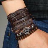 Red 6 Pc/set Tree Black Wrap Woven Handmade Wood Beads Bracelets Male Women Leather Bracelets Men Bangle Wholesale Jewelry Gift