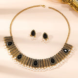 3 PCS Vintage Indian Style Alloy Necklace Earrings Set Exotic Exquisite Pearl Rhinestone Tassel Collar Chain Earrings Palace