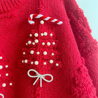 Autumn/Winter Christmas Sweater For Women Bow Nail Bead Red Knitted Pullover Tops American Fashion Jacquard New Year's Jumpers