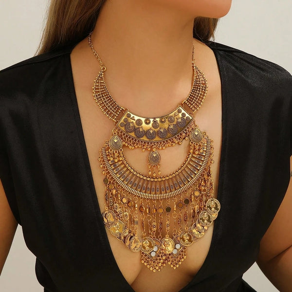 Ethnic Style Vintage Metal Queen Coins Tassel Statement Necklace Women's Party Banquet Jewelry Accessories