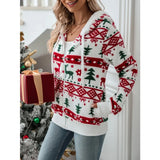 Lined Hooded Jacket  Christmas Print Plush Festive Reindeer Snowflake Stretchy Polyester Blend Winter Coat Holiday Parties