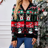 Merry Xmas Look Women's Knitted Sweater 2025 Winter Cartoon Print Full Sleeve Christmas Cardigans Knitwear Warm Soft Jacket Coat