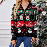 Merry Xmas Look Women's Knitted Sweater 2025 Winter Cartoon Print Full Sleeve Christmas Cardigans Knitwear Warm Soft Jacket Coat