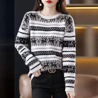 Autumn Winter Women Simple Elk Deer Jacquard Christmas Knitted Sweater Y2K Casual O Neck Long Sleeve Pullover Tops Loose Jumpers