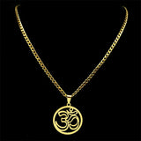 Yoga Lotus Om Symbol Pendant Necklace for Women Men Stainless Steel Gold Color Male Chain Buddhist Jewelry collar 8415-QKC
