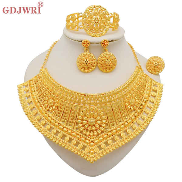 Dubai Gold Color Jewelry Set Wedding African Indian Ethiopian  Bridal Sets Nigerian Necklace Bracelet Earring Ring Jewellery