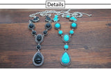 Turquoise Necklace Water Drop Shaped Blue Stone Pendant Women Vintage Tibetan Silver Setting Black Stones Jewelry Gift