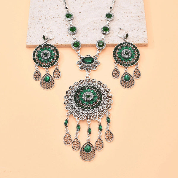 Gypsy India Ethnic Style Water Drop Pendant Geometric Crystal Necklace Earrings For Women Retro Silver Plated Bohemian Jewelry
