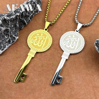 Islamic Arab Allah God Key Shaped Pendant Necklace for Men Women Stainless Steel Gold Color Muslim Chain Amulet Jewelry