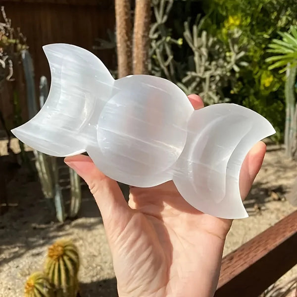 1pc Selenite Moon Goddess Selenite Bowl,Triple Moon Bowl,Crystal Gifts,Home Decor,Crystal Bowl For Witchcraft Divination