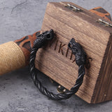Black Stainless Steel Nordic Viking Norse Dragon Bracelet Men Wristband Cuff Bracelets with Viking Wooden Box