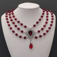 Victorian Gothic Rose Witch Multi-layer Bead Chain Red Glass Crystal Water Drop Pendant Necklace for Women Charm Jewelry Gifts
