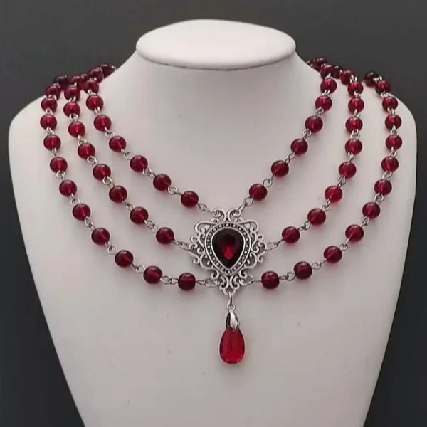 Victorian Gothic Rose Witch Multi-layer Bead Chain Red Glass Crystal Water Drop Pendant Necklace for Women Charm Jewelry Gifts