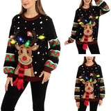 Women LED Light Up Holiday Sweater Christmas Cartoon Reindeer Knit Pullover Top