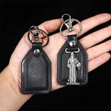 PU Leather Keychain Saint Christopher Charm Pendant Men Antique Bronze Plated Hook Keychain Car Keychain