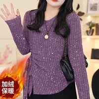 Temperament Waist-hugging and Fleece Tied Shoulder Sweater Keeps Warm in Autumn and Winter Irregular Sequins Fashionable