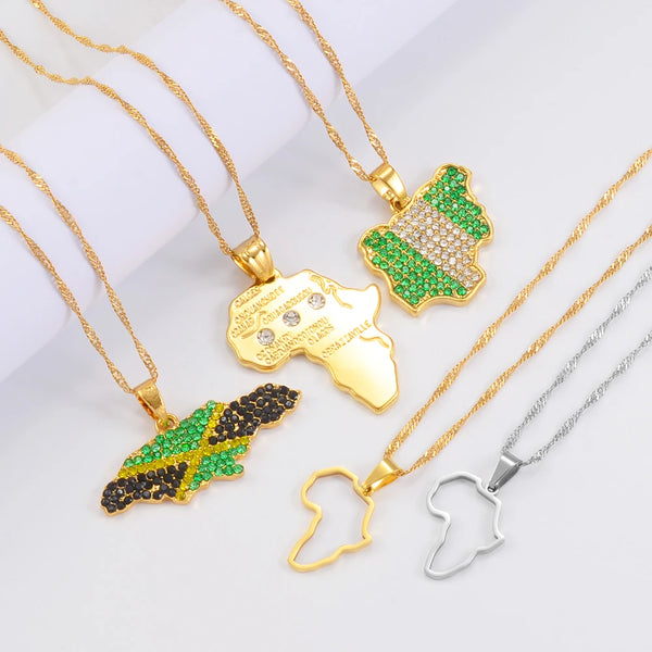 Anniyo Color Flag Nigeria Jamaica With Rhinestone Africa Maps Pendant Necklaces Ethnic Jewelry #122721