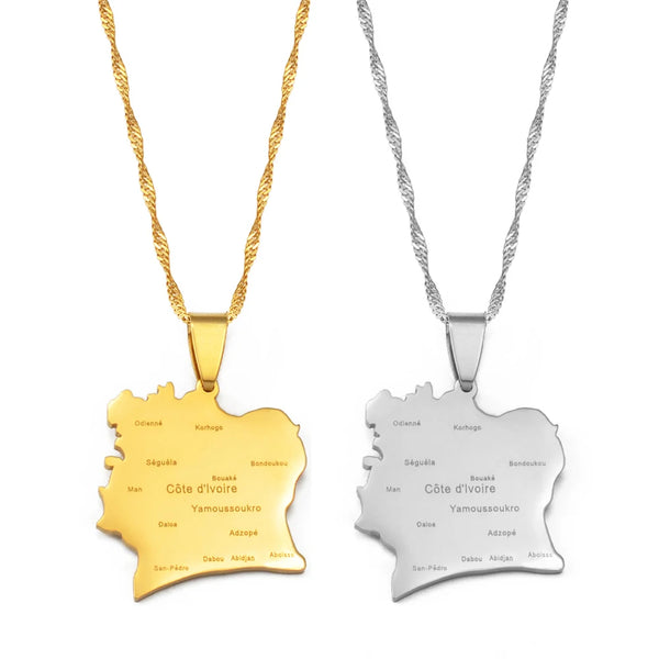 Anniyo COTE D IVOIRE Map With City Pendant Necklaces Ivory Coast Country Map Jewelry @245321