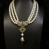 French vintage multi-layer pearl necklace set with diamonds delicate and elegant green silver stud earrings