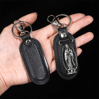 PU Leather Keychain Saint Christopher Charm Pendant Men Antique Bronze Plated Hook Keychain Car Keychain