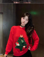 Autumn Winter Women Red Sweet Chic 3D Christmas Tree Knitted Sweater Casual O Neck Long Sleeve Pullover Tops Female Loose Jumper