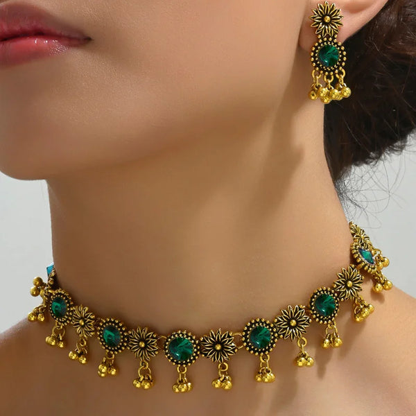 Vintage Artificial Crystal Necklace Earrings For Women Retro Metal Ball Beads Tassel Decoration Jewelry Set Women's Gift