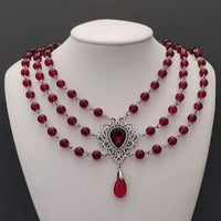 Victorian Gothic Rose Witch Multi-layer Bead Chain Red Glass Crystal Water Drop Pendant Necklace for Women Charm Jewelry Gifts