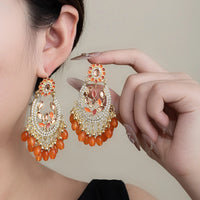 Bohemian Orange Resin Beaded Tassel Droplet Geometric Earrings Women Ethnic Vacation Fashion Jewelry