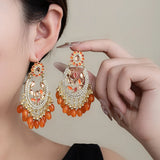Bohemian Orange Resin Beaded Tassel Droplet Geometric Earrings Women Ethnic Vacation Fashion Jewelry