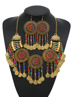 KMVEXO Gypsy Bohemia Chic Vintage Metal Coin Crystal Tassel Jewelry Sets Women Hippie Turkish Ethnic Tribal Necklace Earring Set