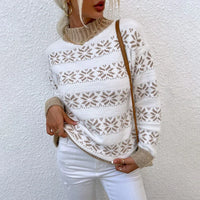 2025 Christmas Jumpers Women Mock Neck Full Sleeve Sweater Snowflake Jacquard Knitwear Warm Thick Pullover Top Xmas Party Look