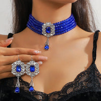 FYUAN Multilayer Green Red Blue Black Crystal Necklace Geometric Hollow Alloy Earrings For Women Weddings Banquet Jewelry Sets