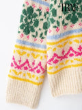 TRAF Women's Fashion 2024 Autumn and Winter Casual Loose Long Sleeve Round Neck Color-Collision Jacquard Knit Christmas Sweater