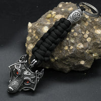 Nordic Mythology Wolf Head Keychain Men's Retro Handmade Survival Rope Lanyard Pendant Keyring Vikings Runes Vegvisir Jewelry