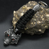 Nordic Mythology Wolf Head Keychain Men's Retro Handmade Survival Rope Lanyard Pendant Keyring Vikings Runes Vegvisir Jewelry