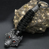 Nordic Mythology Wolf Head Keychain Men's Retro Handmade Survival Rope Lanyard Pendant Keyring Vikings Runes Vegvisir Jewelry