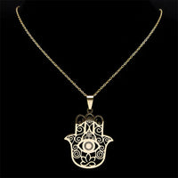 Hamsa Hand Muslims Judaism Hollow Necklace for Women Hand of Fatima Lotus Flower Stainless Steel Necklaces Jewelry Gift N8083S04