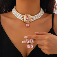 1Set Luxury Multilayer Imitation Pearl Necklace Earrings For Women Girls Temperament Jewelry Bridal Rhinestone Wedding Jewelry