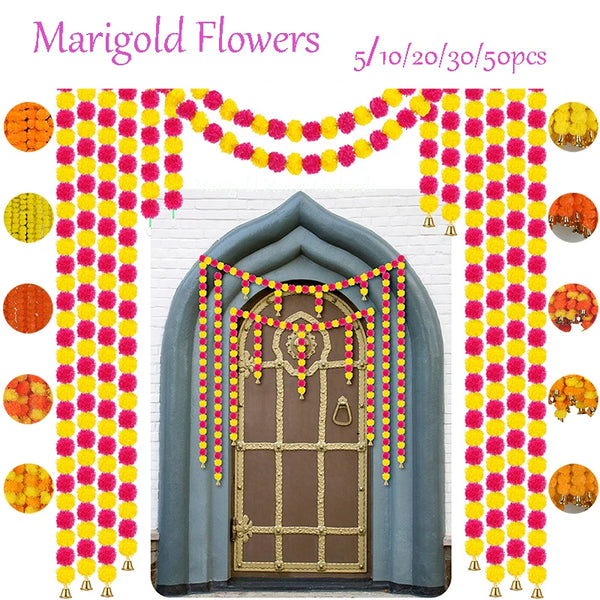 5-50pcs Marigold Flower Garland For Decoration 5 ft Artificial Flowers Mexican Diwali Indian Wedding Party Pooja Day of The Dead