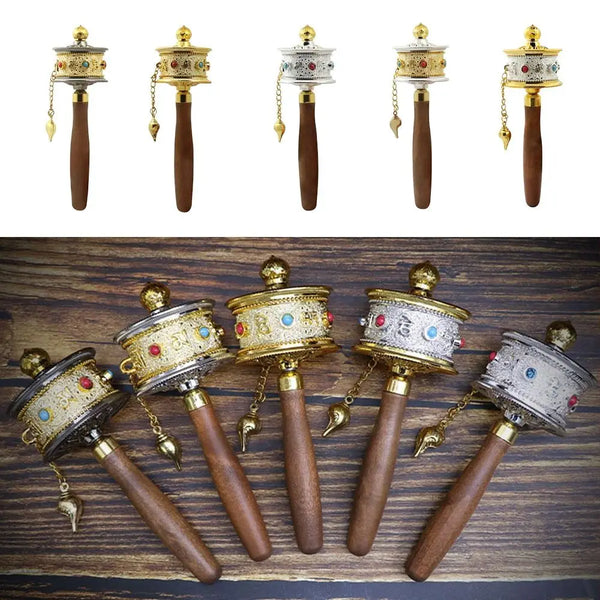 Hand Cranking Tibetan Prayer Wheel Double Bearing Colourful Turn Praying Instrument Wooden Handle Spinning Drum