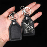 PU Leather Keychain Saint Christopher Charm Pendant Men Antique Bronze Plated Hook Keychain Car Keychain