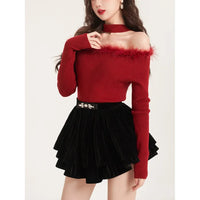 Christmas Theme Splice Design Show Shoulder Knitted Top Winter Hot Sale Of The Season One Shoulder Hanging Neck Slim Fit Body He
