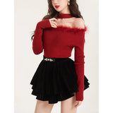 Christmas Theme Splice Design Show Shoulder Knitted Top Winter Hot Sale Of The Season One Shoulder Hanging Neck Slim Fit Body He