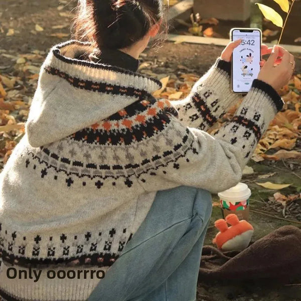 Retro Fair Isle Knitted Sweater Coat Early Spring Women's Autumn Winter Christmas Pattern Hat Hood Full Sleeve from China