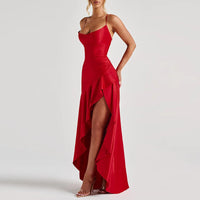 Sexy Slash Neck Slim Ruffle Banquet Dress Women Spring Backless Lace-up Long Irregular Dress Summer Sleeveless Hollow Maxi Dress
