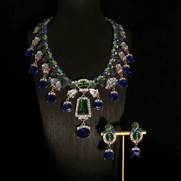 Middle heavy industry blue rhinestone necklace earrings set women order Europe and the United States exaggerated high-grade temp
