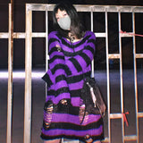 2024 Purple Striped Gothic Sweaters Women Ripped Holes Loose Knitted Pullover Frayed Fairy Grunge Jumpers Emo Streetwear Lolita